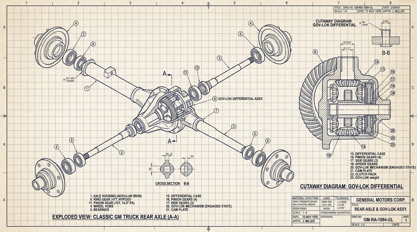 Exploded technical cutaway diagram of a GM Squarebody truck differential, ring gear, and Eaton Gov-Lok locking assembly
