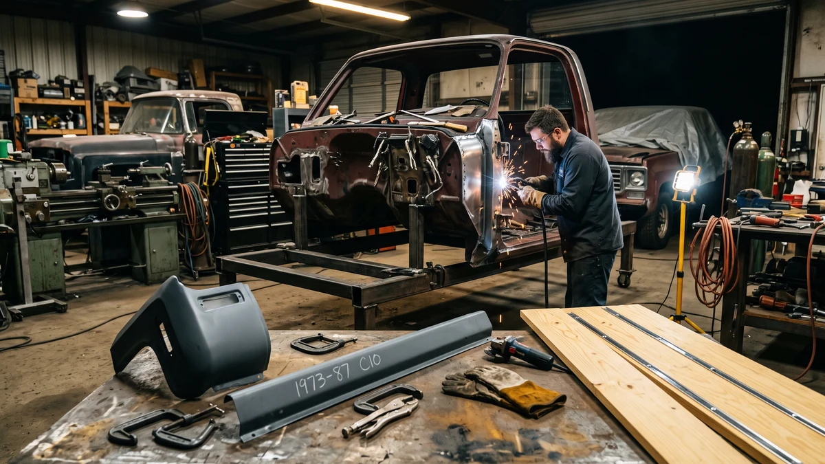 1973-1987 Chevrolet C10 Squarebody cab undergoing sheet metal restoration with fresh 18-gauge rocker panels and cab corners