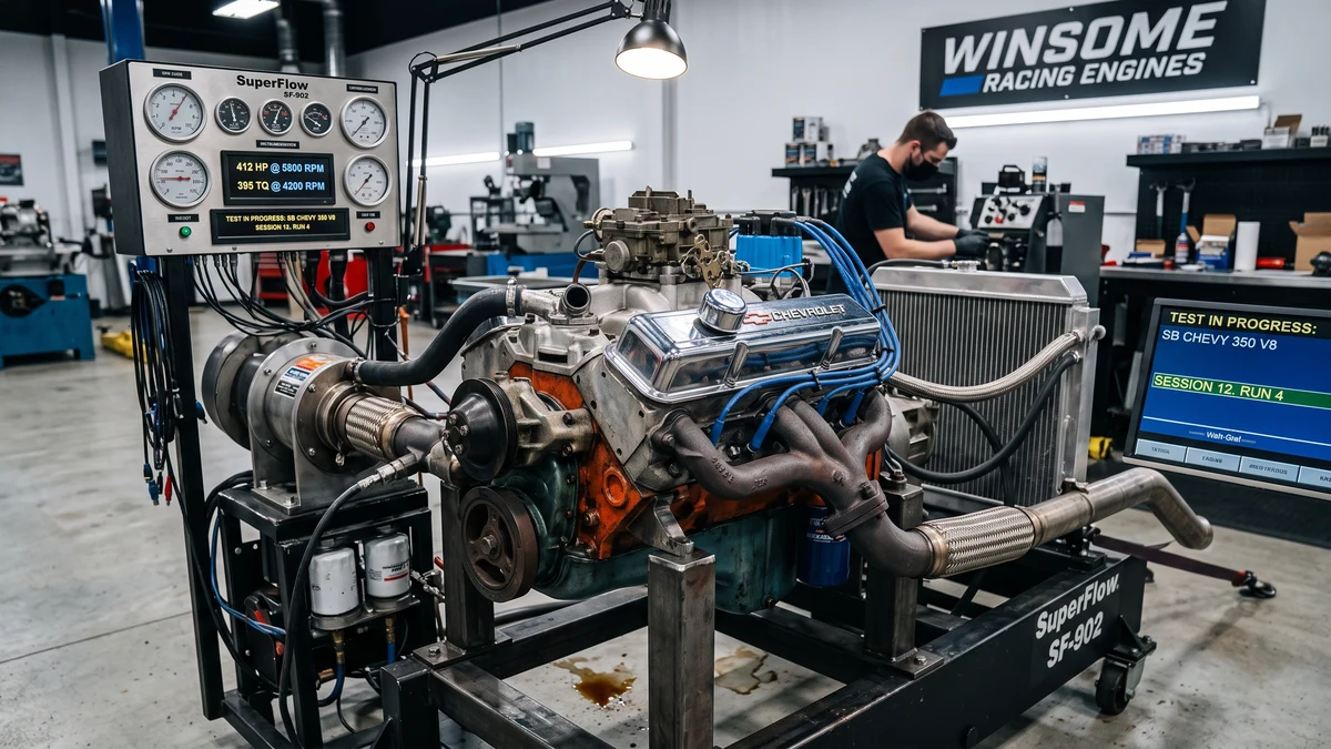 Chevrolet Small Block 350 V8 engine on an engine stand showing cylinder heads and Delco HEI distributor