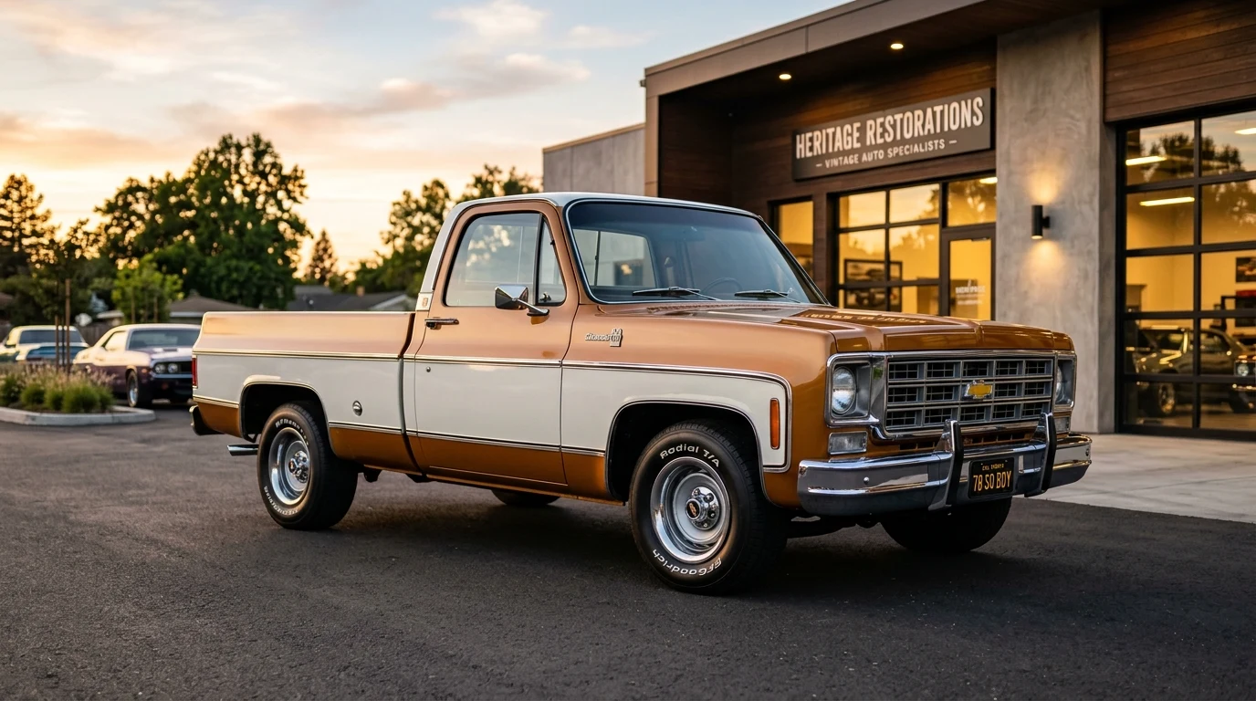 Restored 1978 Chevrolet C10 Squarebody pickup truck in two-tone bronze and white with factory rally wheels