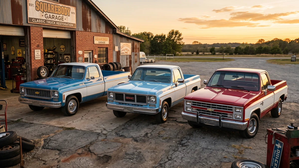 1973 to 1987 GM Squarebody truck lineup showing evolution of front grilles and trim