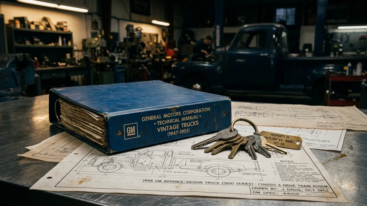 General Motors classic technical service manual and shop keys on a stainless steel workshop bench