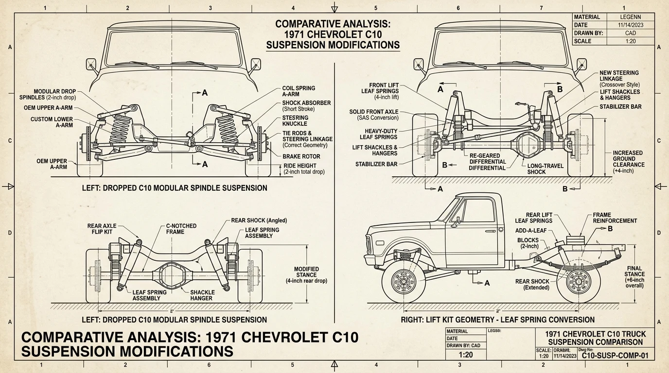 GM Squarebody C10 and K10 suspension geometry blueprint comparing drop spindles and leaf spring lift components