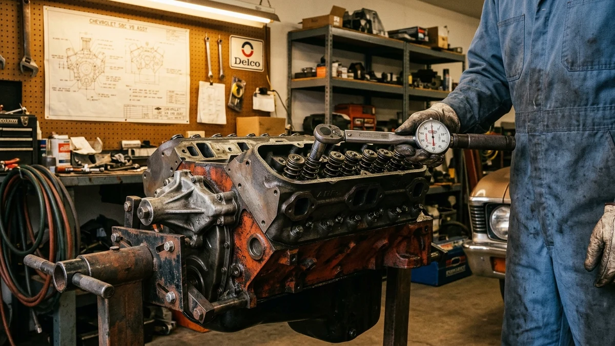 Small Block Chevy 350 CID V8 block on an engine stand with calibrated click-type torque wrench and cylinder head fasteners