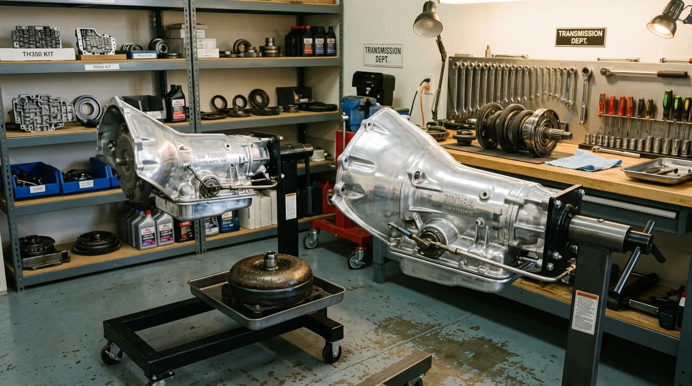Classic GM Turbo 350 and 700R4 automatic transmissions mounted on workshop engine stands