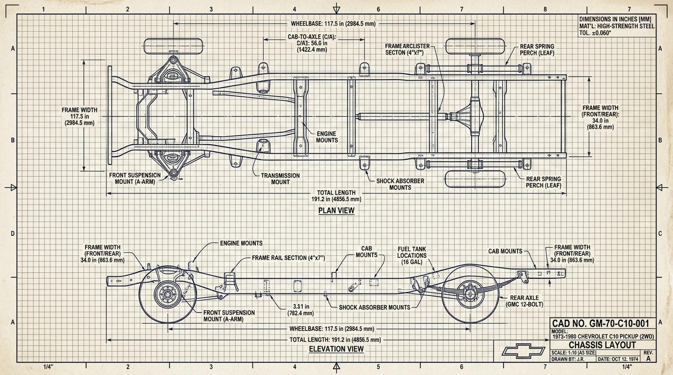 1973–1987 GM Squarebody pickup truck chassis engineering blueprint and wheelbase dimensional schematic
